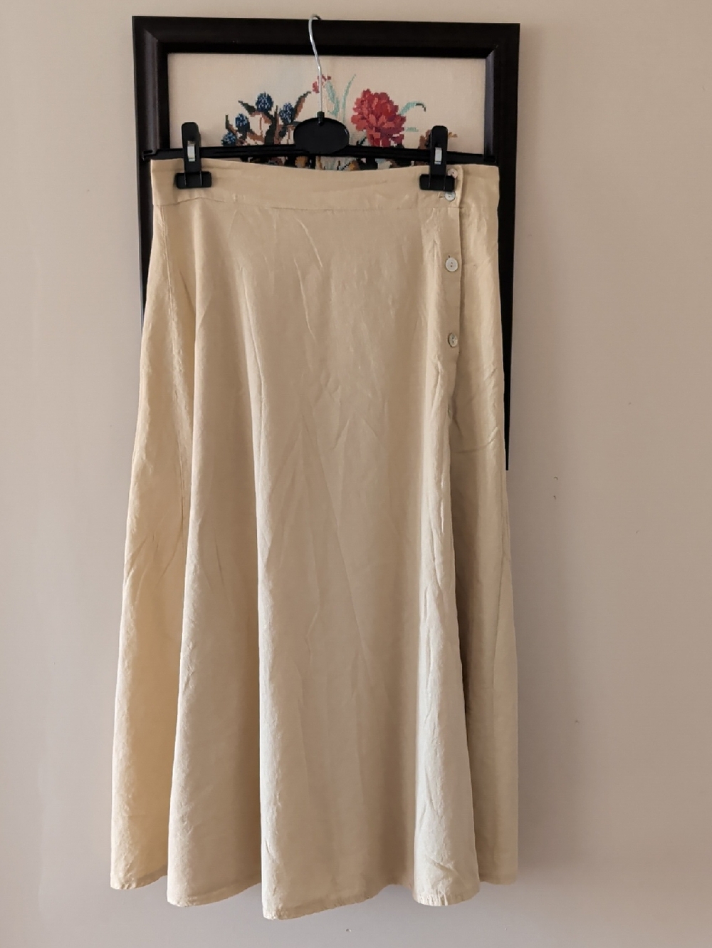Classic Cream Linen Blend A-Line Midi Skirt Made In Italy